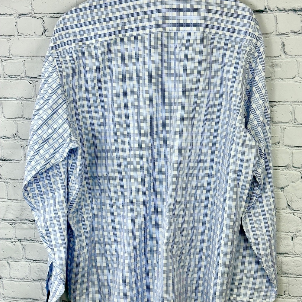 Bugatchi Uomo Button Up Mens Fits Sz Large Starched Blue/white Plaid Preppy - Picture 2 of 4